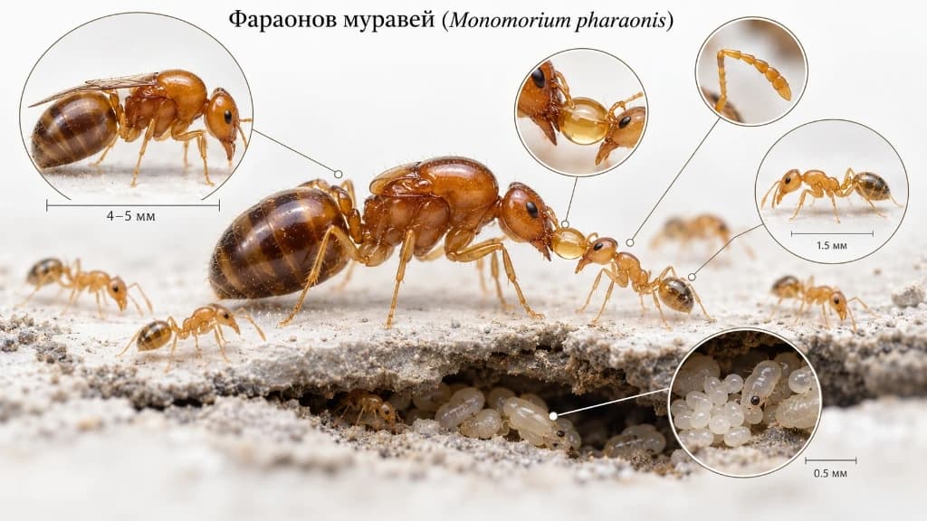 Иллюстрация фараонового муравья: матка, рабочие особи, усики и расплод