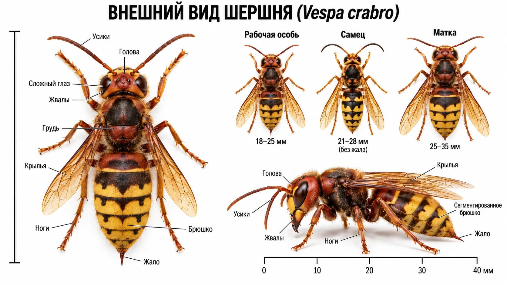 Внешний вид осы и шершня: рабочая особь, самец и матка с анатомическими указателями