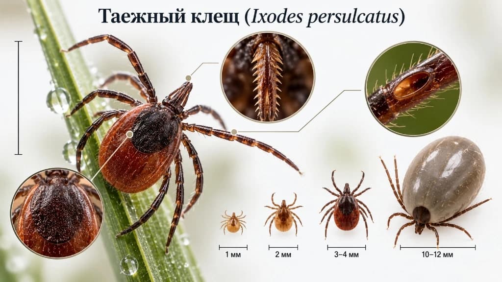 Макрофотография таежного клеща Ixodes persulcatus: гипостом с зубцами, орган Галлера, щиток скутум, личинка 1 мм, нимфа 2 мм, имаго 3-4 мм и напитавшаяся самка 12 мм