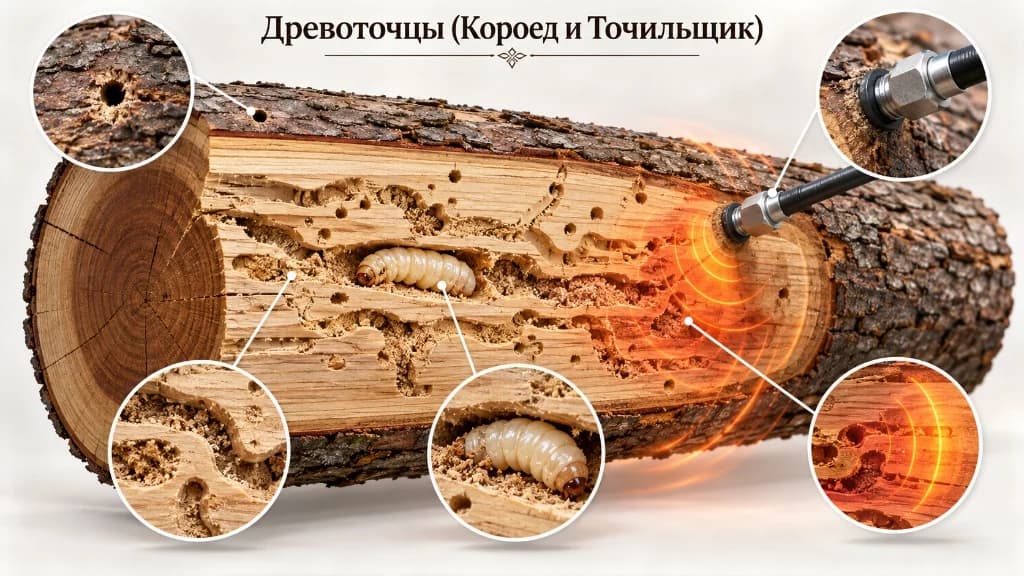 Анатомия поражения древесины древоточцами (короед и точильщик): лётное отверстие, личинка в заболони, инъекторы-пакеры под давлением и СВЧ-прогрев древесины